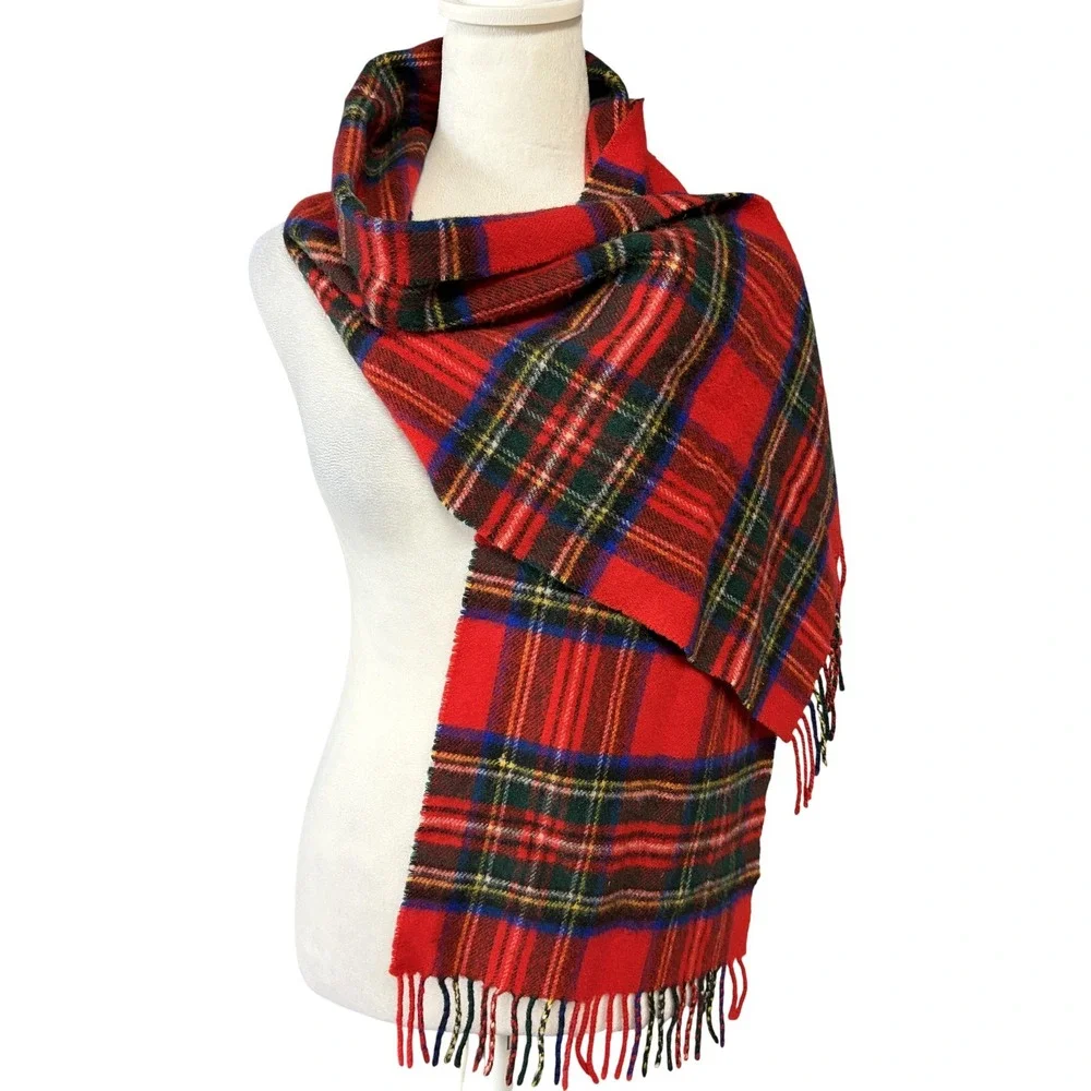 The Scotch House Johnstons Lambswool Tartan Scarf Red Plaid Made Scotland Fringe